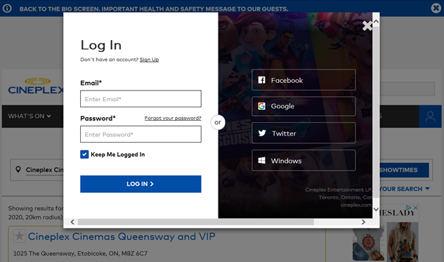 Cineplex app screenshot - Login or Sign-up